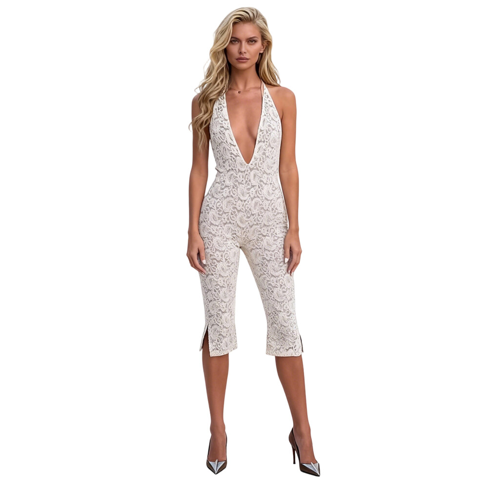 (M, White) Women Sheer Capri Bodysuit Lingerie Halter V Neck Sleeveless Open Back Slim Fit Lace Jumpsuit