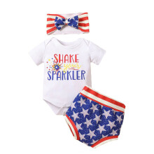 (9-12 Months, White) Set salopetă + pantaloni scurți + bandă pentru bebeluși, fete, 4 iulie, ținute, mâneci scurte, imprimeu artificii