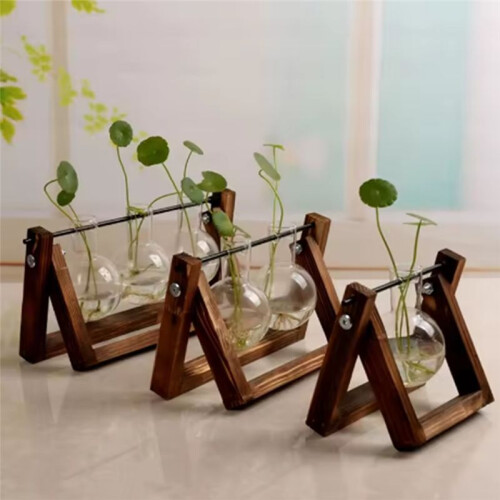 Wooden Frame Tabletop Vase Set Multi-Purpose Bonsai Planter Hydroponic Base Terrarium Display Containers Home Decor B 1