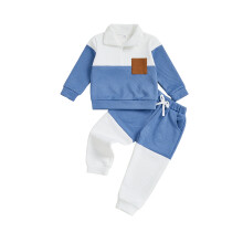 (3-4 Years, Blue) Conjunto de dos piezas para bebé: camiseta de manga larga con cuello alto y pantalones elásticos a la moda.