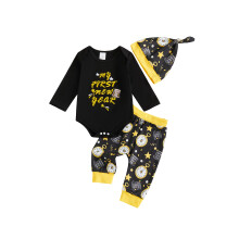 (12-18 Months, Black) Conjuntos de Año Nuevo para bebés varones: mono de manga larga, pantalones de reloj y sombrero.