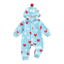 (12-18 Months, Sky Blue) Baby-Mädchen-Strampler mit Kapuze, Herzmuster, langen Ärmeln und Reißverschluss, weich und bequem