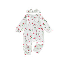 (9-12 Months, White) Baby Mädchen Herbst Strampler, Herz- und Blumenmuster, lange Ärmel, Rundhalsausschnitt, Rüschen, mit Stirnband