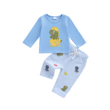 (18-24 Months, Blue) Conjunto de 2 piezas: jersey de cuello redondo con bordado de dinosaurio y pantalones a rayas para niño pequeño.