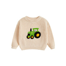 (2-3 Years, Beige) Suéter bebé niño manga larga, cuello redondo, bordado tractor, top informal para recién nacidos.