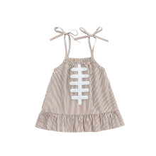 (6-12 Months, Light Brown) Taapero-vauvan tyttöjen raidallinen mekko muodikas rugby-kirjonta solmittava hihaton kesäröyhelömekko