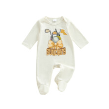 (6-9 Months, Beige) Mono de otoño para bebé con estampado de letras y lazo, manga larga, cuello redondo y pies.