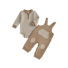 (0-3 Months, Khaki) Conjunto de 2 piezas para bebé: pelele de manga larga con rayas y peto. Ropa para recién nacidos.