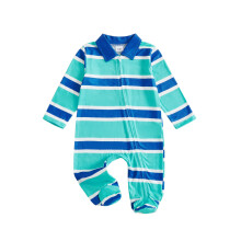 (6-9 Months, Blue) Tutina intera per neonato con piedini, a righe, maniche lunghe, chiusura con zip e risvolto.