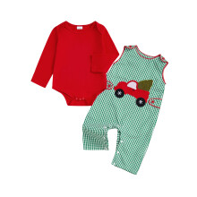 (3-6 Months, Red) Conjunto navideño bebé: pelele de manga larga liso y peto con cuadros y bordado de camión (2 piezas).