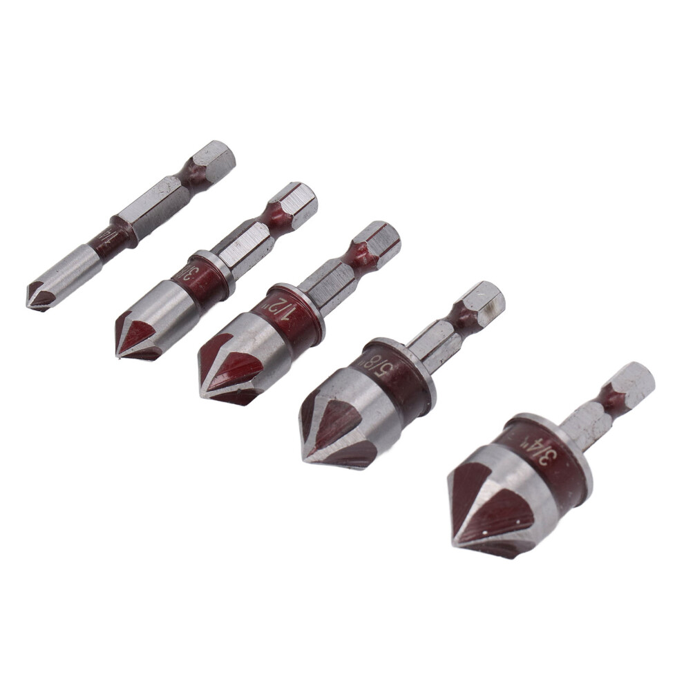 Countersink Drill Bit Set 1/4/3/8/1/2/5/8/3/4In 5 Flute Hex Shank 4651386494028