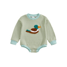 (12-18 Months, Green) Salopă pentru bebeluși cu guler rotund și dungi, model vată, broderie de rață, mânecă lungă