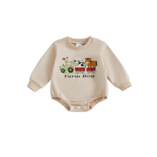 (12-18 Months, Apricot) Salopetă pentru bebeluși cu mânecă lungă, cu model fermă, tractor, broderie cu animale, guler rotund