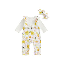 (3-6 Months, White) Conjunto de 2 piezas para niñas, mono largo estampado de abeja, cuello redondo y manga larga, lazo en diadema.