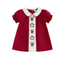 (12-18 Months, Red) Vestido navideño para niñas pequeñas, cómodo, con bordado de dulces, manga corta abullonada y cuello de muñeca.