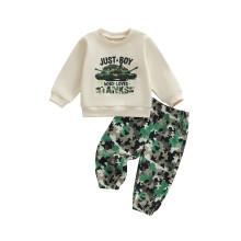 (1-2 Years, Beige) Babyjongensset: modieuze camouflage tanktop met letters, lange mouwen, ronde hals en joggingbroek met elastische taille.