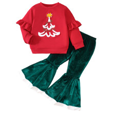 (3-4 Years, Red) Conjunto de pantalones para niñas, sudadera bordada árbol y pantalones acampanados, atuendo navideño.