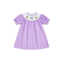 (18-24 Months, Purple) Vestido a cuadros con corte en A para niñas pequeñas, color morado, manga corta, cuello redondo, bordado