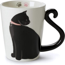 Ceramic White Mug-Animal Shaped Cup with Hand Printed Designs-Cute Handmade Gift for Men or Women Cat Lovers-12 Ounce