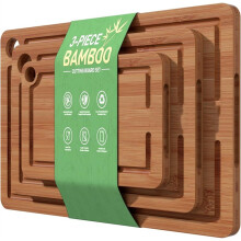 Bamboo Cutting Board Set for Kitchen, 3-Piece with Non-Slip Mat, Deep Juice , Built-in Handles - Desired Home Gift