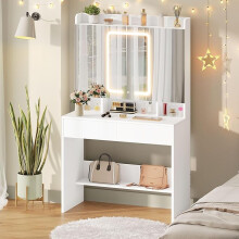 Dressing Table with Tri-Fold Mirror & LED Lights, Makeup Desk with Drawers, Adjustable Shelves & Jewellery Organiser,
