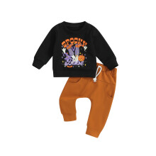 (6-12 Months, Black) Kisgyermek fiú 2 db-os hosszú ujjú tök mintás pulóver és húzózsinóros nadrág szett