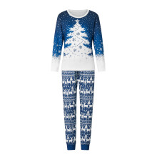 (XXL, Blue Mom) Pijamas navideños para familia con estampado de árbol de copos de nieve, manga larga, cuello redondo y pantalones.