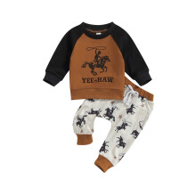 (6-12 Months, Brown) Vauvan poikien pitkähihainen hevoskirjaimet collegepaita joustavalla vyötäröllä
