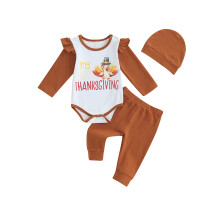 (12-18 Months, Reddish Brown) Baby Thanksgiving outfit, romper met lange mouwen, letterprint van een kalkoen, inclusief broek en muts. Babykleding
