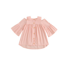 (150, Pink) Dětské dívčí šaty, jednobarevné, odhalená ramena, dlouhý rukáv, podzimní moda, princeznovské.