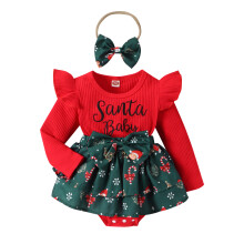 (0-6 Months, Red) Vánoční dětské šaty s dlouhým rukávem, potiskem čepice Santa Claus a mašlí pro miminka.