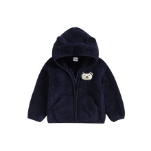 (9-12 Months, Dark Blue) Zimní chlupatý kabát pro holčičky a chlapce, 3D medvěd s kapucí, zapínání na zip, fleecový svrchní oděv