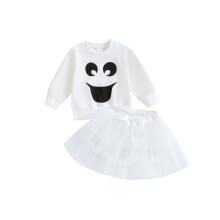 (6-12 Months, White) Taaperotytön 2-osainen asu Halloween-haamukuviolla pitkähihaisella collegepaidalla ja verkkohameella syysvaatteisiin