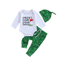 (0-3 Months, White) Babyoutfit voor de herfst: jumpsuit met letterprint, lange mouwen, romper + broek met golfprint + hoedje met knoop