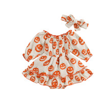 (18-24 Months, Orange) Dívčí oblečení pro novorozence, dlouhé rukávy, dýňový potisk, overaly s čelenkou, halloweenské oblečení