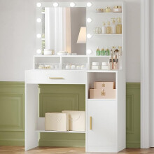 Dressing Table with Mirror and 10 Bulb Lights, Vanity Table, Makeup Vanity with 3 Shelves & 4 Open Compartments, Large Drawer