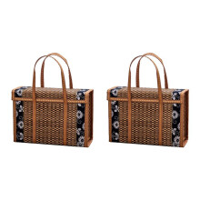 2X Picnic Woven Basket Wicker Storage Bag Handle Folded Fruit Shopping Food Handle Rattan Grass Foldable Bamboo Basket