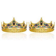 2X Goldene Königskronen für Herren - Barocke Vintage-Kristallkrone mit Strasssteinen, Herren-Königskrone für Theater-Abschlussball-Party