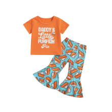 (5-6 Years, Orange) Meisjes Thanksgiving 2-delige broekensets: topjes met korte mouwen en letterprint, broekensets met pompoentaartprint.