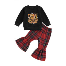 (2-3 Years, Black) Leuke kleding voor peutermeisjes: Thanksgiving-outfit met sweatshirt en geruite flared broek (2-delig).
