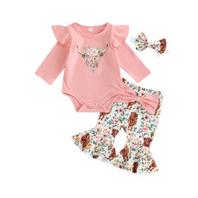 (9-12 Months, Pink) Completo 3 pezzi bambina: tutina rosa maniche lunghe con volant e stampa mucca, pantaloni zampa e fascia capelli.