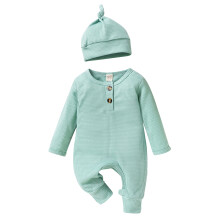(12-18 Months, Ink Green) Baby Boys Waffle Rompers Solid Color Buttons Crew Neck Long Sleeve Infant Jumpsuits Fall Toddler Clothes Bodysuits with Hat
