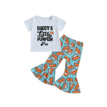 (2-3 Years, White) Meisjes Thanksgiving 2-delige broekensets: topjes met korte mouwen en letterprint, broekensets met pompoentaartprint.