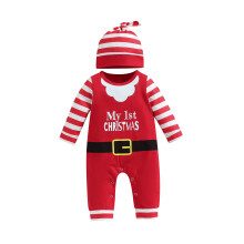 (6-12 Months, Red) Completo neonato a tema Babbo Natale, con stampa righe e lettere, girocollo maniche lunghe e cappellino.