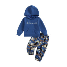(18-24 Months, Blue) Baby meisjes zomeroutfit 2-delig: hoodie met lange mouwen en letterprint + camouflagebroek. Peuterkleding