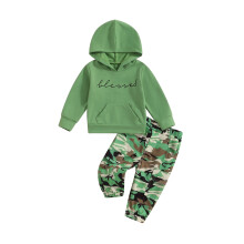 (3-4 Years, Green) Baby meisjes zomeroutfit 2-delig: hoodie met lange mouwen en letterprint + camouflagebroek. Peuterkleding