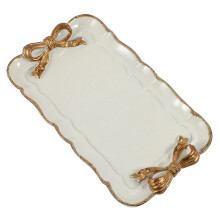 3X Europeisk Stil Bow Cake Förvaringsbrickor Makeup Organizer Desserttallrik Fyrkantig Dekorbricka Kök Förvaringsbrickor 12X20cm Vit