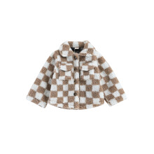 (18-24 Months, Khaki) Giacca in pile per bambina, modello a scacchi, colletto risvoltato, maniche lunghe, cappotto sherpa caldo per l'inverno.