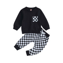 (18-24 Months, Black) Ensembles 2 pièces pour petits garçons : hauts à manches longues et pantalons à cordon imprimé à carreaux.