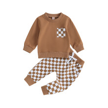 (0-6 Months, Brown) Completo da bambino di 2 pezzi: felpa a maniche lunghe e pantaloni con coulisse e stampa a scacchi.